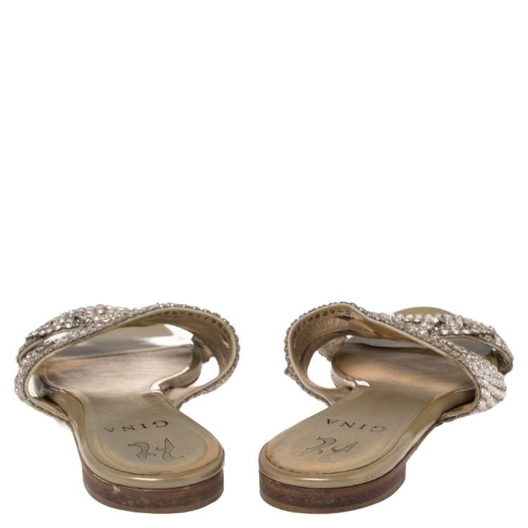 Pre Owned Gina Beige Leather Crystal Embellished Loren Flat Sandals Size 38
