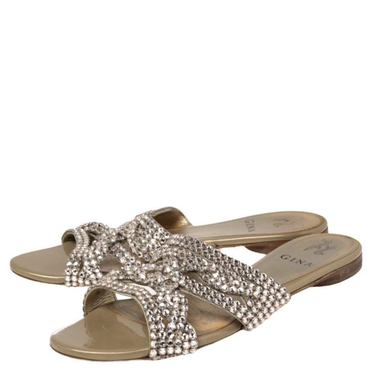 Pre Owned Gina Beige Leather Crystal Embellished Loren Flat Sandals Size 38