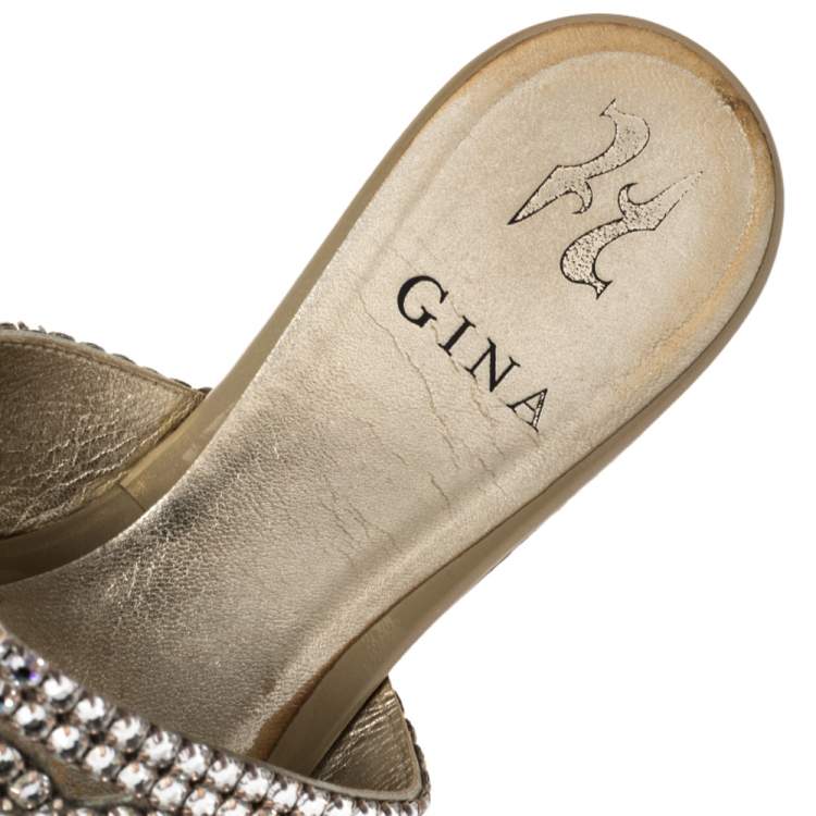 Pre Owned Gina Beige Leather Crystal Embellished Loren Flat Sandals Size 38