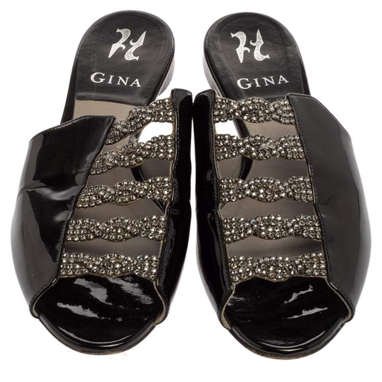 Pre Owned Gina Black Patent Leather Embellished Flats Size 38