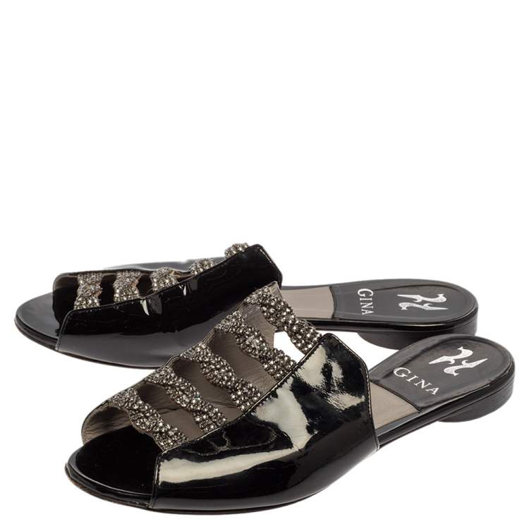 Pre Owned Gina Black Patent Leather Embellished Flats Size 38