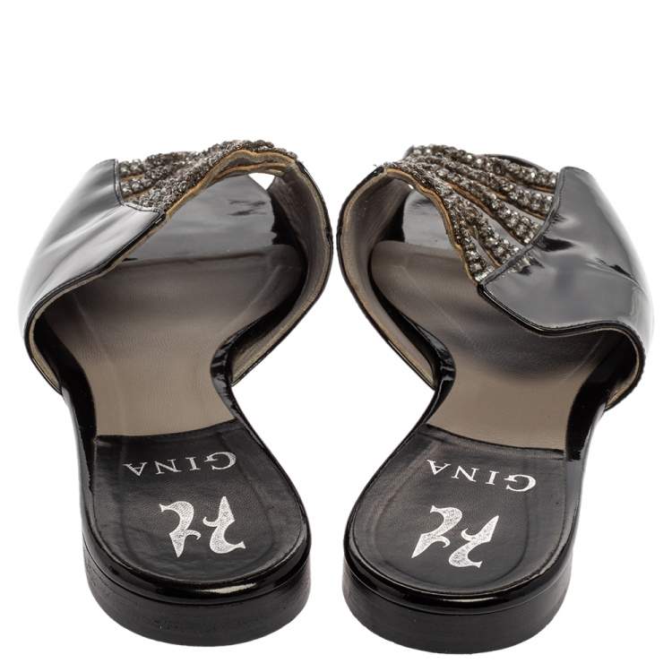 Pre Owned Gina Black Patent Leather Embellished Flats Size 38