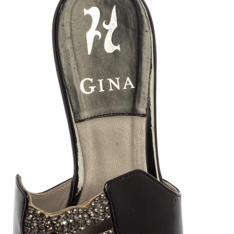 Pre Owned Gina Black Patent Leather Embellished Flats Size 38