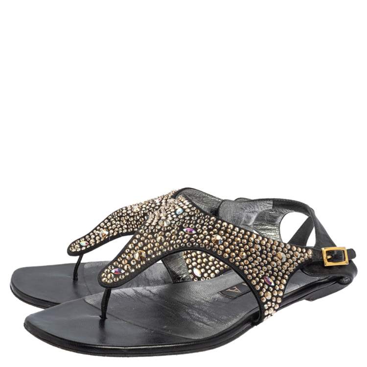 Pre Owned Gina Black Leather and Suede Crystal Embellished Thong Flat Sandals Size 37.5