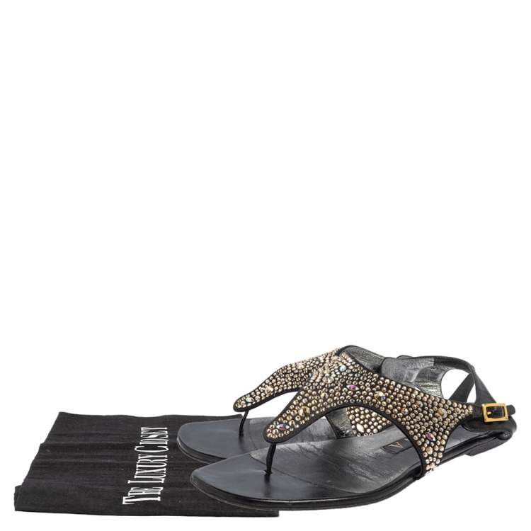 Pre Owned Gina Black Leather and Suede Crystal Embellished Thong Flat Sandals Size 37.5