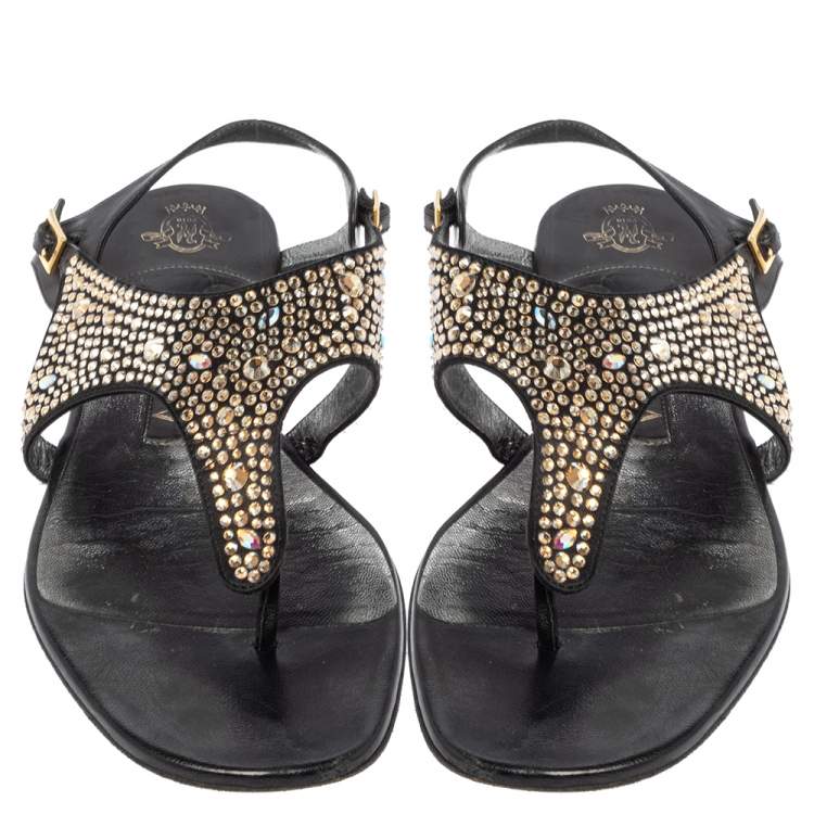 Pre Owned Gina Black Leather and Suede Crystal Embellished Thong Flat Sandals Size 37.5
