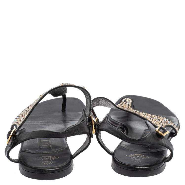 Pre Owned Gina Black Leather and Suede Crystal Embellished Thong Flat Sandals Size 37.5