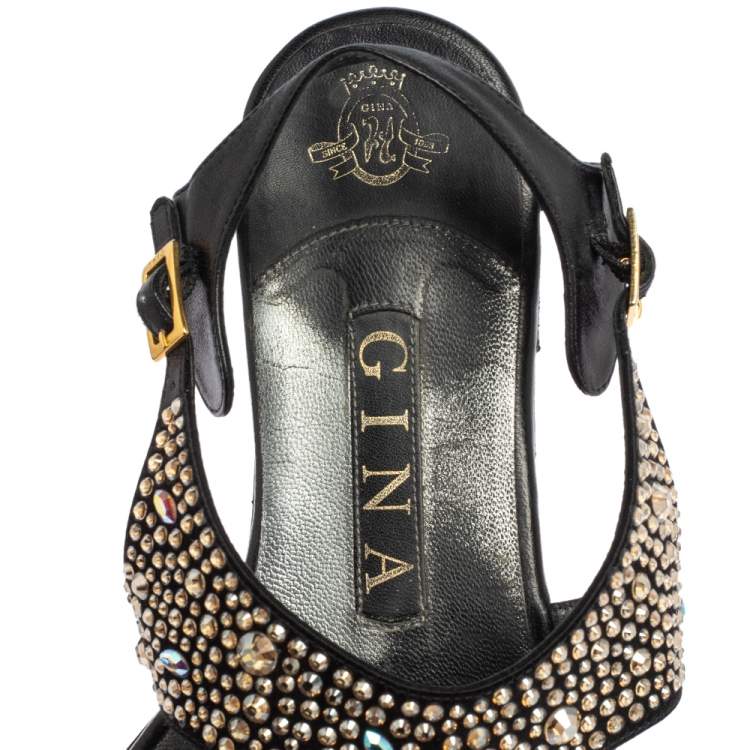 Pre Owned Gina Black Leather and Suede Crystal Embellished Thong Flat Sandals Size 37.5