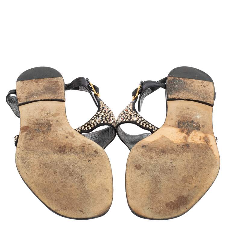 Pre Owned Gina Black Leather and Suede Crystal Embellished Thong Flat Sandals Size 37.5