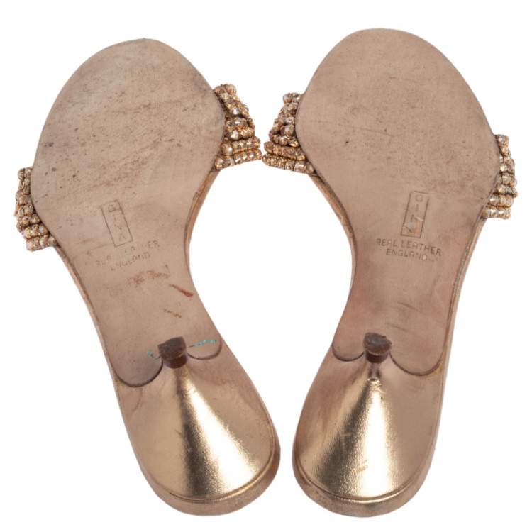 Pre Owned Gina Gold Leather Crystal Embellished Kitten Heel Slides Size 36.5