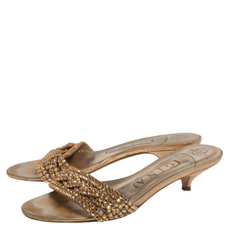 Pre Owned Gina Gold Leather Crystal Embellished Kitten Heel Slides Size 36.5