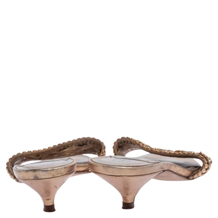 Pre Owned Gina Gold Leather Crystal Embellished Kitten Heel Slides Size 36.5