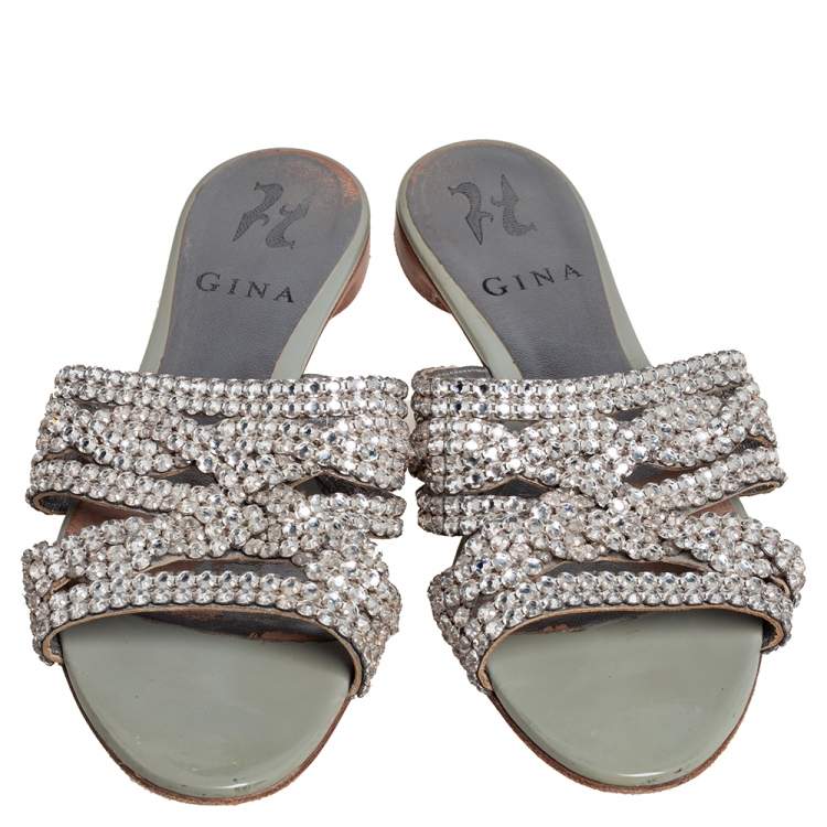 Pre Owned Gina Grey Leather Embellished Slide  Sandals Size 36
