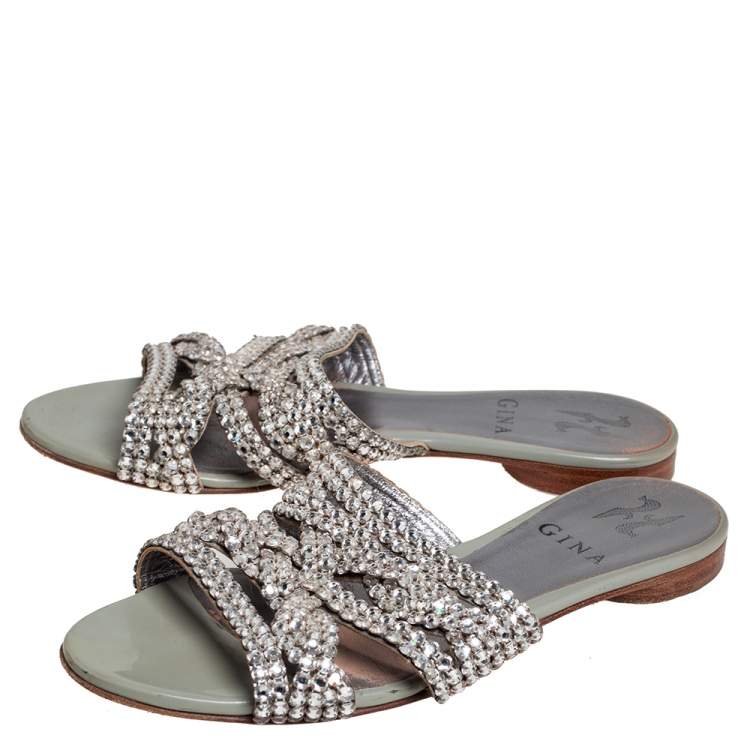 Pre Owned Gina Grey Leather Embellished Slide  Sandals Size 36