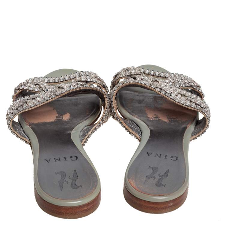 Pre Owned Gina Grey Leather Embellished Slide  Sandals Size 36