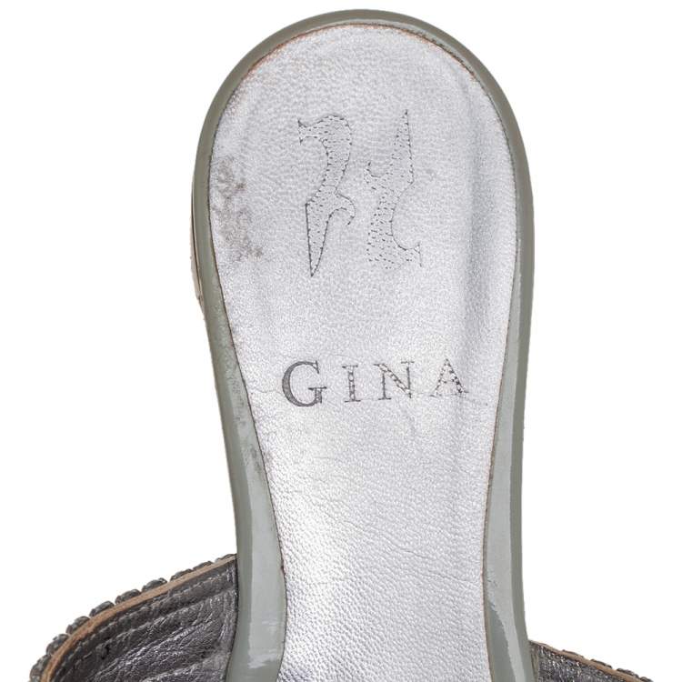 Pre Owned Gina Grey Leather Embellished Slide  Sandals Size 36