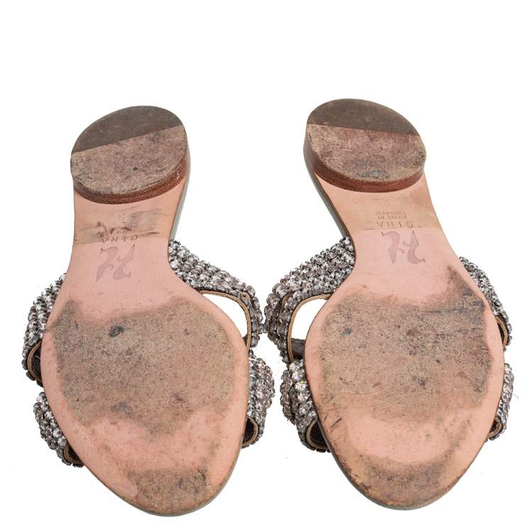 Pre Owned Gina Grey Leather Embellished Slide  Sandals Size 36