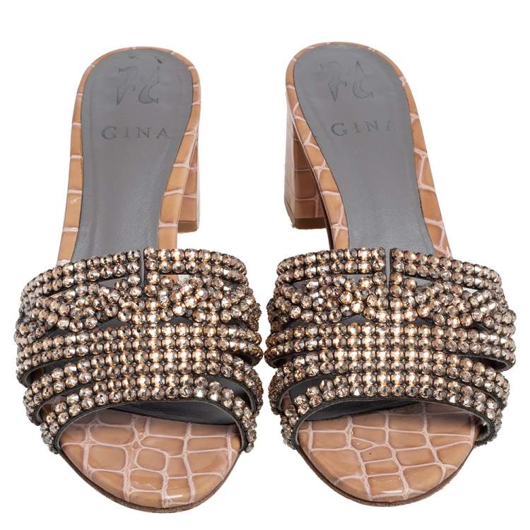 Pre Owned Gina Beige Croc Embossed Patent Leather Rodeo Crystal Embellished Sandals Size 38