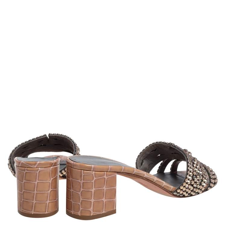 Pre Owned Gina Beige Croc Embossed Patent Leather Rodeo Crystal Embellished Sandals Size 38