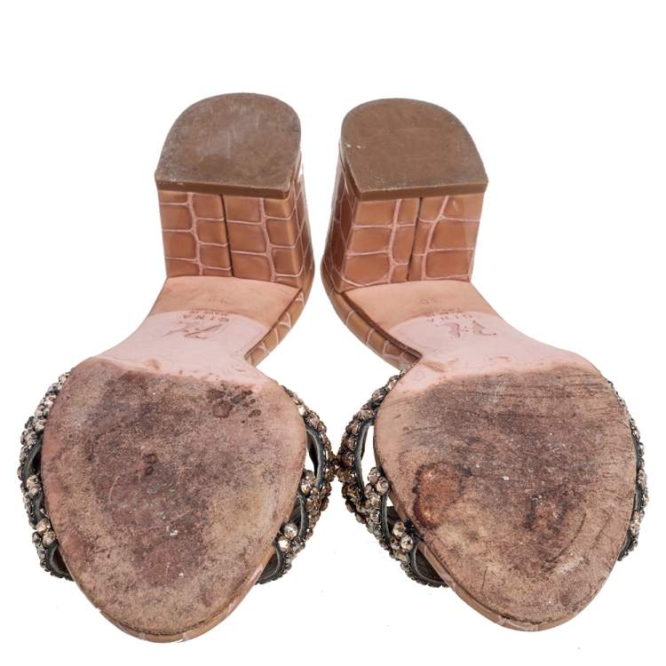 Pre Owned Gina Beige Croc Embossed Patent Leather Rodeo Crystal Embellished Sandals Size 38