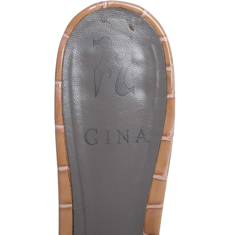 Pre Owned Gina Beige Croc Embossed Patent Leather Rodeo Crystal Embellished Sandals Size 38