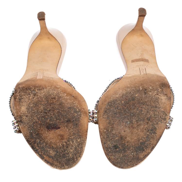 Pre Owned Gina Beige Leather Crystal Embellished Open Toe Sandals Size 40