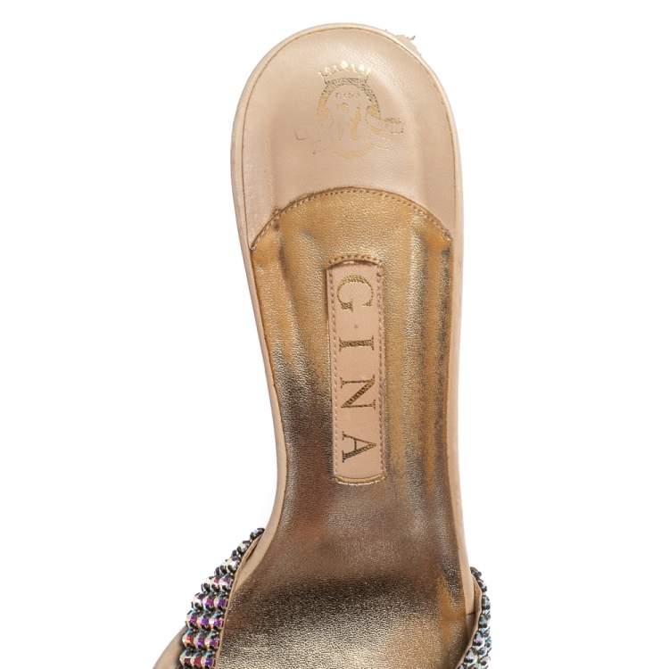 Pre Owned Gina Beige Leather Crystal Embellished Open Toe Sandals Size 40