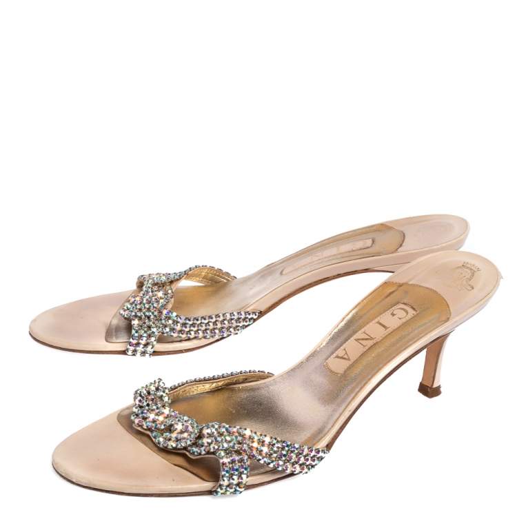 Pre Owned Gina Beige Leather Crystal Embellished Open Toe Sandals Size 40