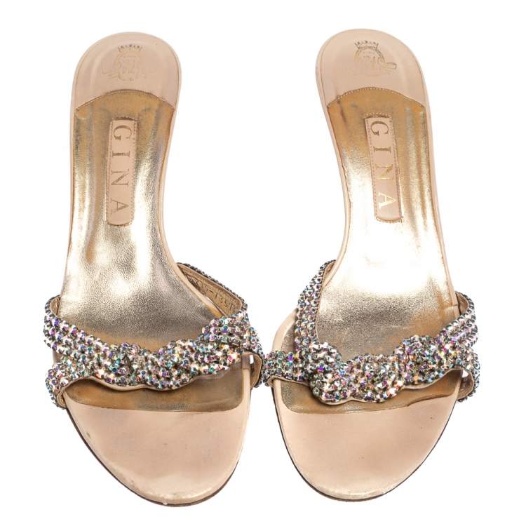 Pre Owned Gina Beige Leather Crystal Embellished Open Toe Sandals Size 40