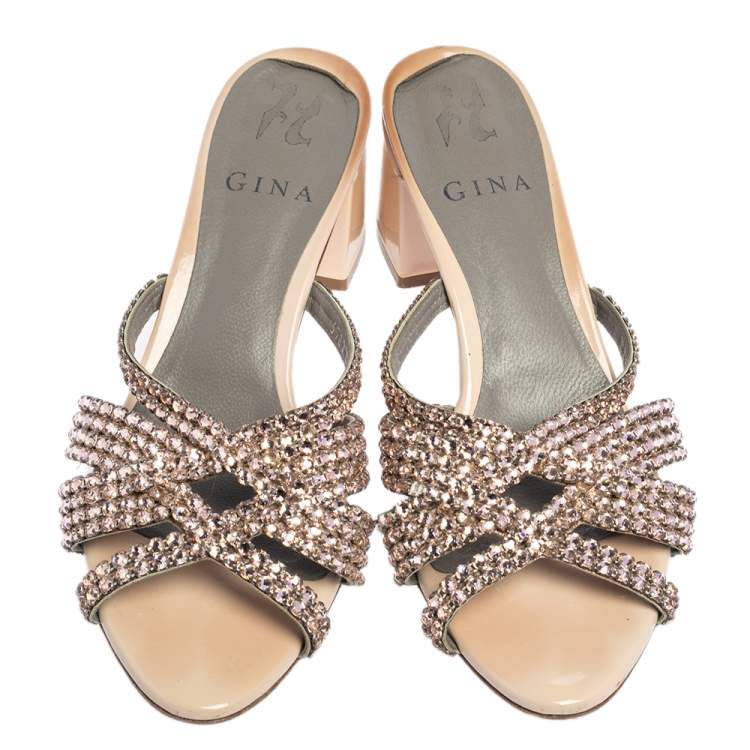 Pre Owned  Gina Beige Patent Leather Dexie Sandals Size 36.5