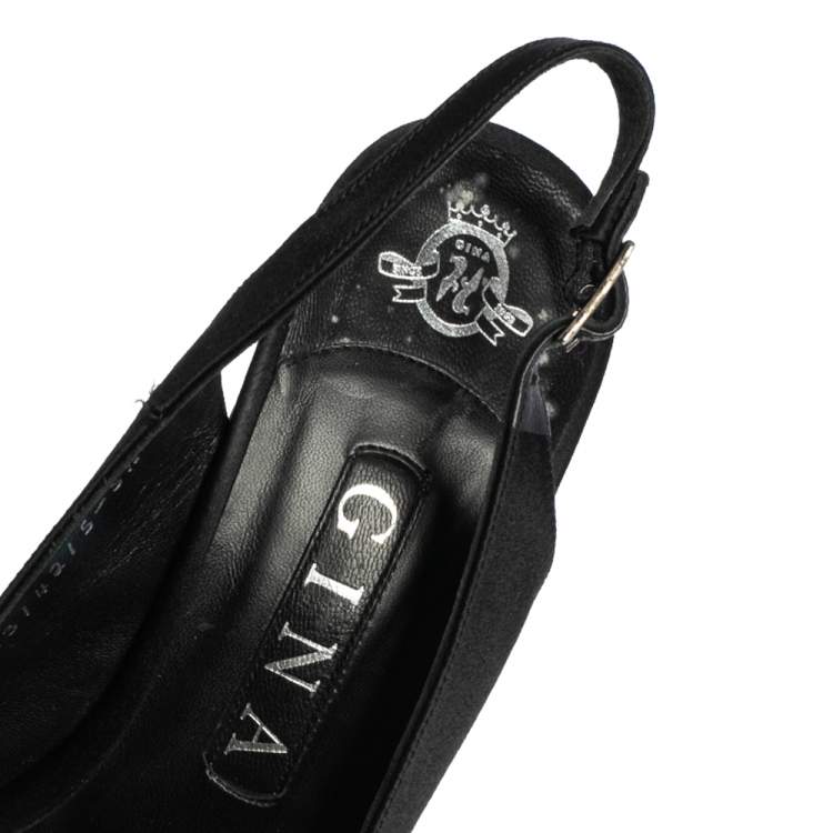 Pre Owned Gina Black Satin Open Toe Platform Slingback Sandals Size 38.5