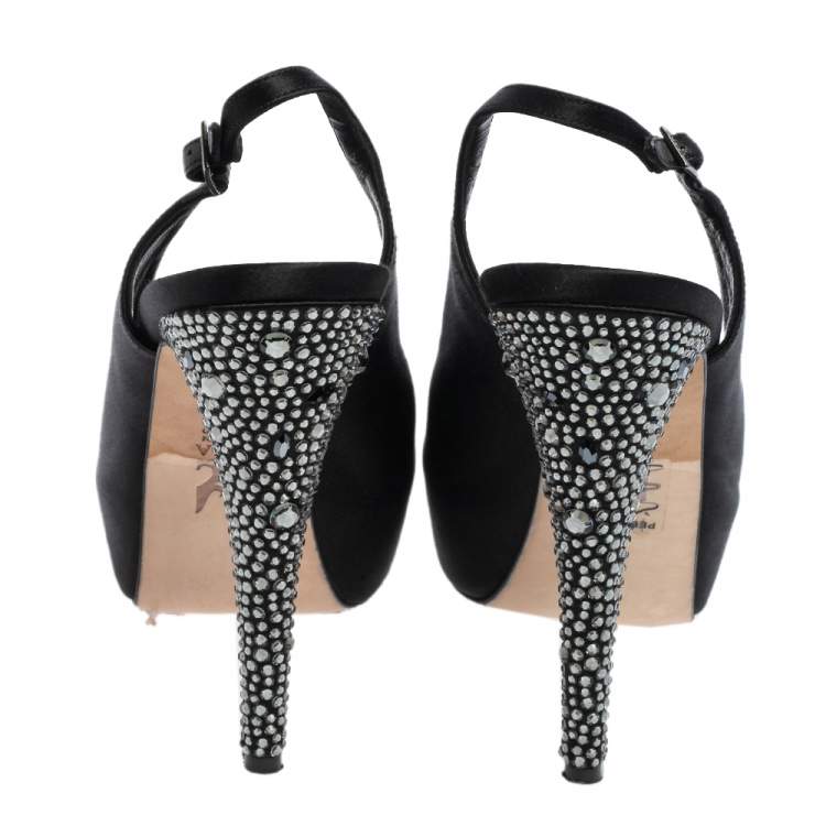 Pre Owned Gina Black Satin Open Toe Platform Slingback Sandals Size 38.5