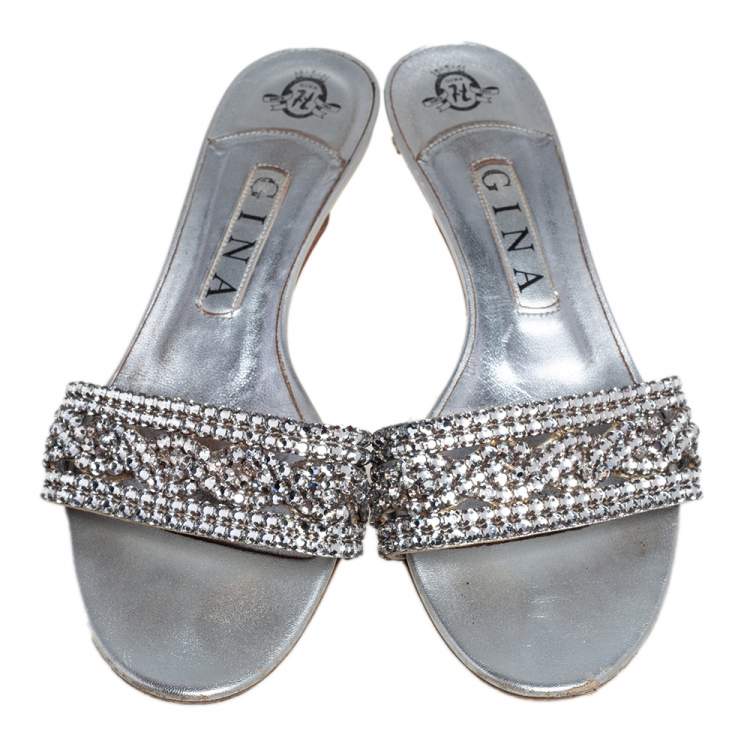 Pre Owned Gina Silver Leather Crystal Embellished Kitten Heel Slide Sandals Size 39