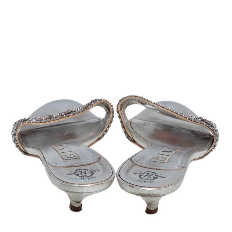 Pre Owned Gina Silver Leather Crystal Embellished Kitten Heel Slide Sandals Size 39