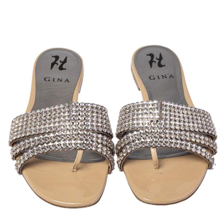 Pre Owned Gina Beige Patent Leather Loren Crystal Embellished Flat Sandals Size 37.5