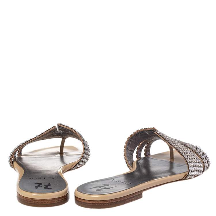 Pre Owned Gina Beige Patent Leather Loren Crystal Embellished Flat Sandals Size 37.5