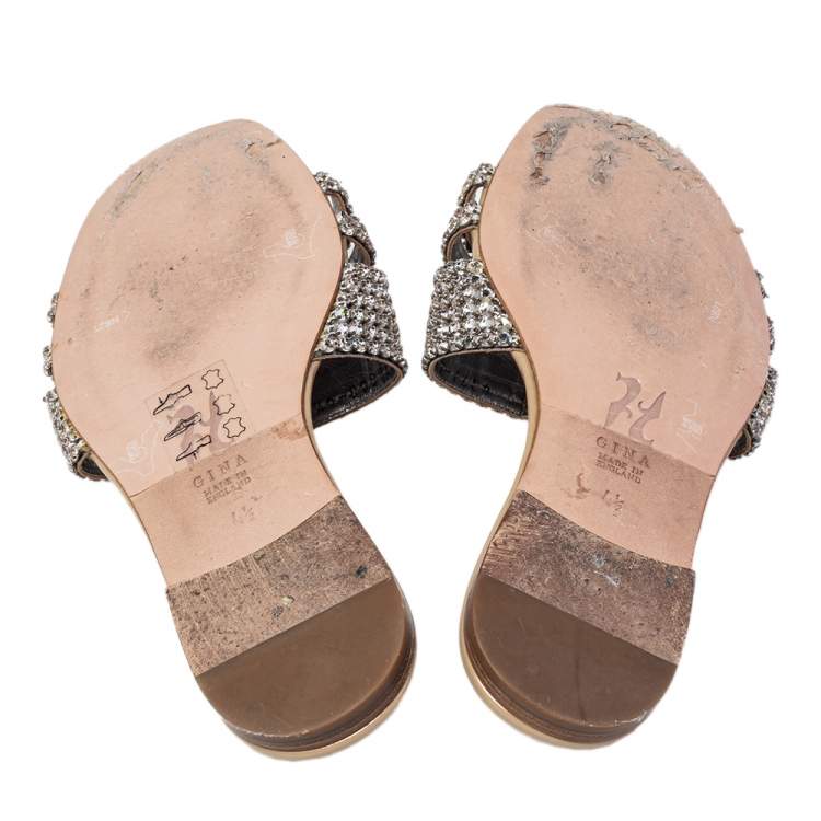 Pre Owned Gina Beige Patent Leather Loren Crystal Embellished Flat Sandals Size 37.5