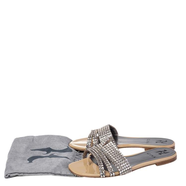 Pre Owned Gina Beige Patent Leather Loren Crystal Embellished Flat Sandals Size 37.5