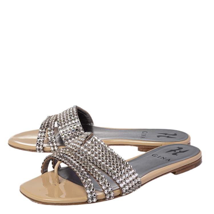 Pre Owned Gina Beige Patent Leather Loren Crystal Embellished Flat Sandals Size 37.5