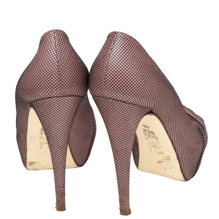 Pre Owned Gina Pink Textured Fabric Claire Platform Pumps Size 37.5