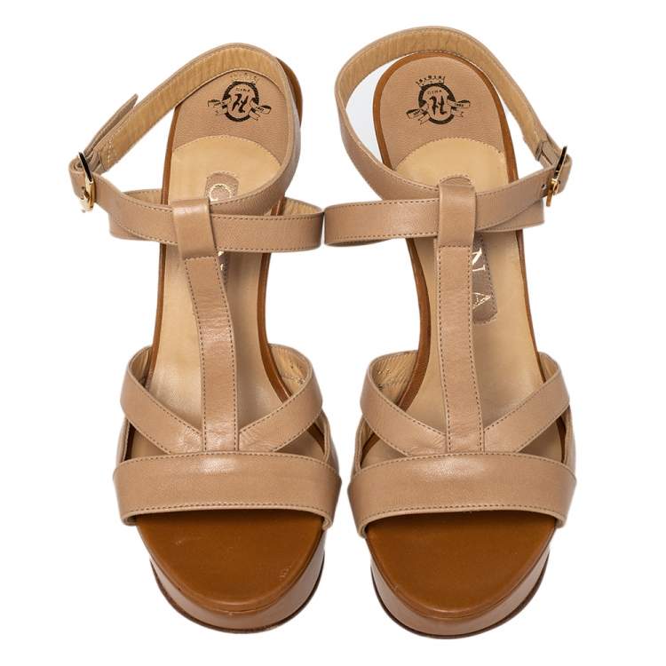 Pre Owned Gina Beige Leather Strappy Ankle Strap Sandals Size 39