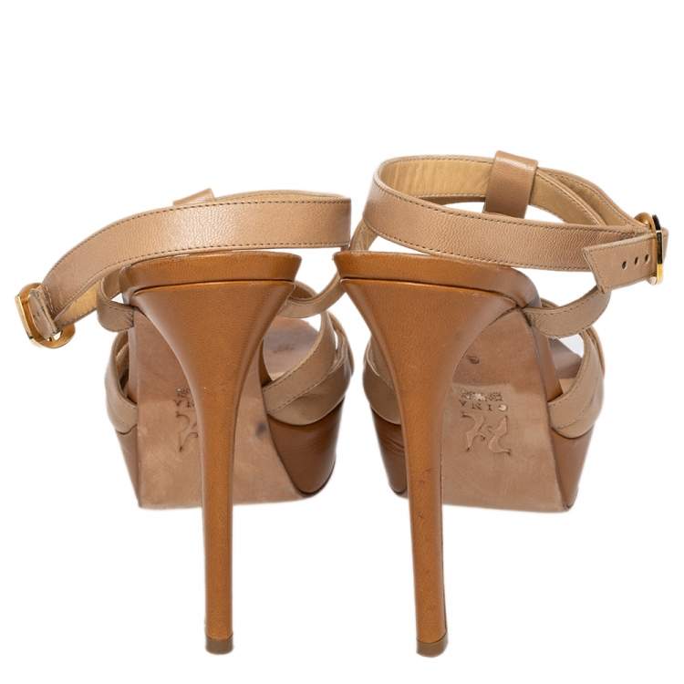 Pre Owned Gina Beige Leather Strappy Ankle Strap Sandals Size 39