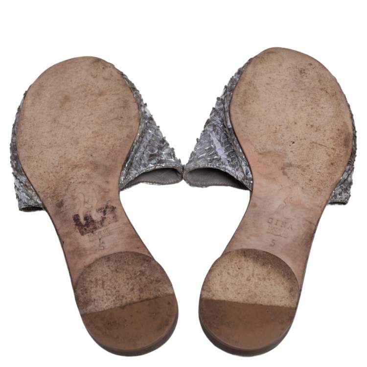 Pre Owned Gina Silver Python Leather  Slide Flat Sandals Size 38