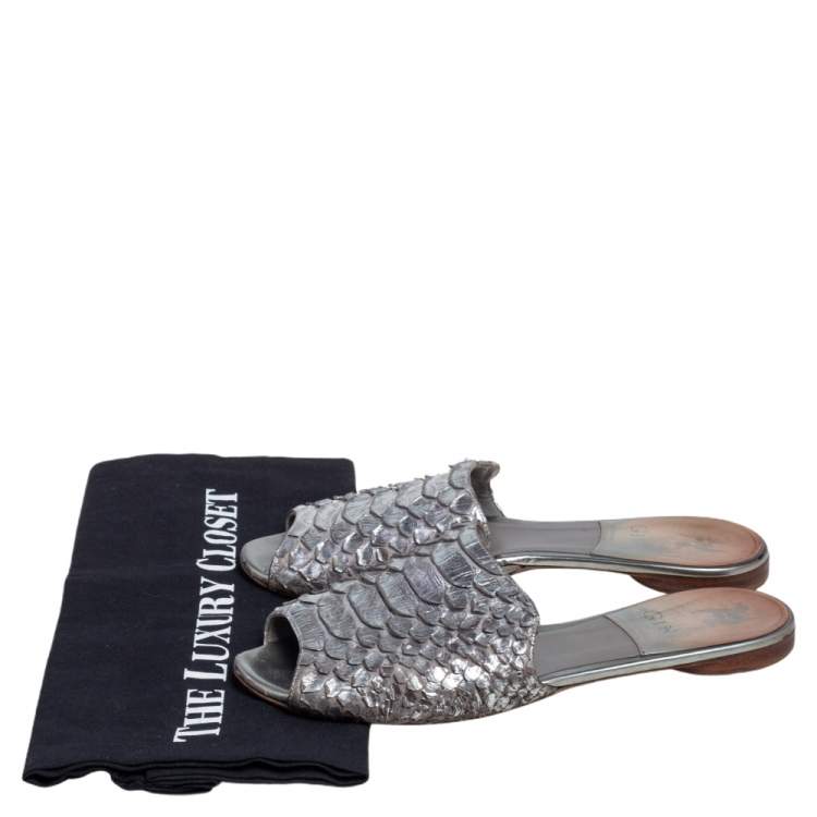 Pre Owned Gina Silver Python Leather  Slide Flat Sandals Size 38