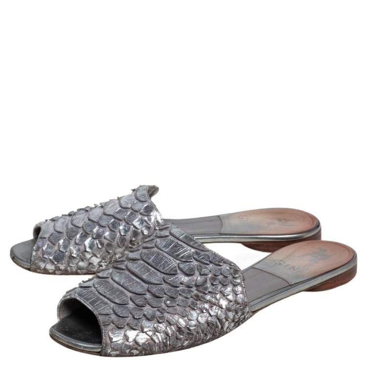 Pre Owned Gina Silver Python Leather  Slide Flat Sandals Size 38