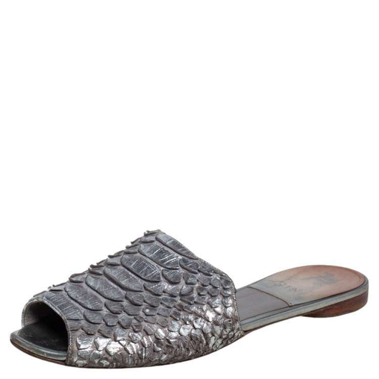 Pre Owned Gina Silver Python Leather  Slide Flat Sandals Size 38