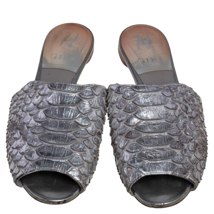 Pre Owned Gina Silver Python Leather  Slide Flat Sandals Size 38