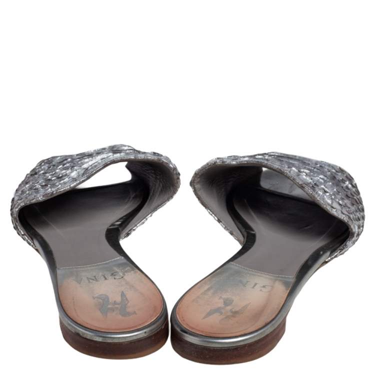 Pre Owned Gina Silver Python Leather  Slide Flat Sandals Size 38
