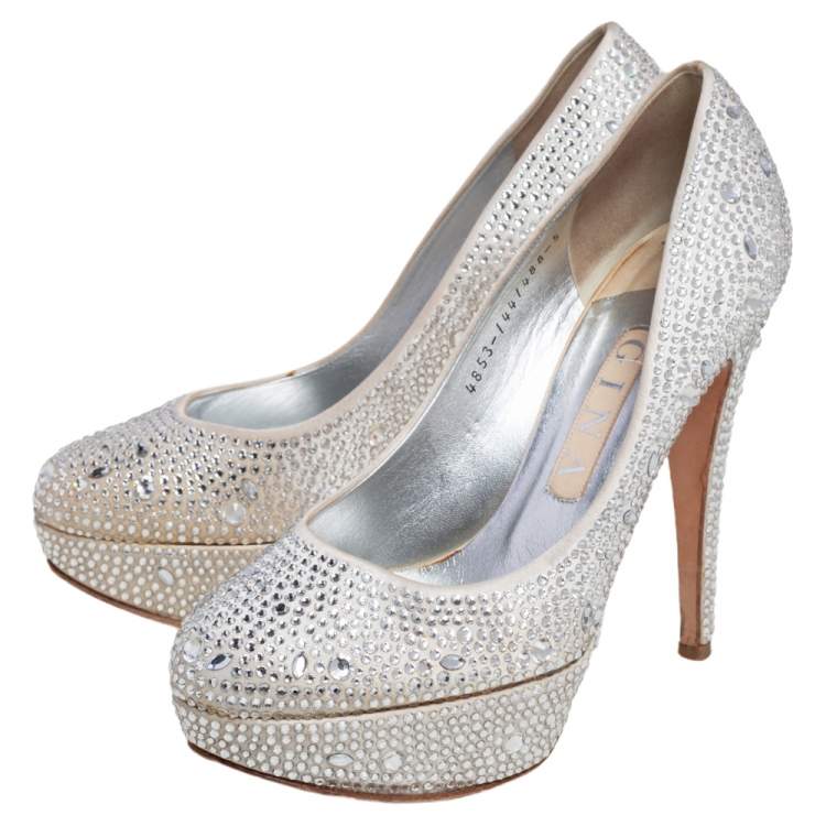 Pre Owned Gina Silver Satin Crystal Embellished Platform Pumps Size 38