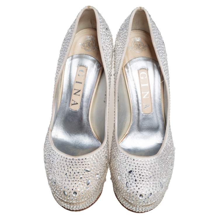 Pre Owned Gina Silver Satin Crystal Embellished Platform Pumps Size 38
